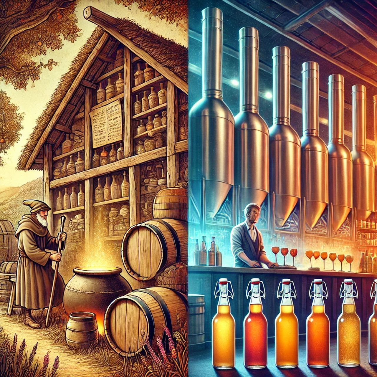 Old world and modern distillery side-by-side in an illustrated style